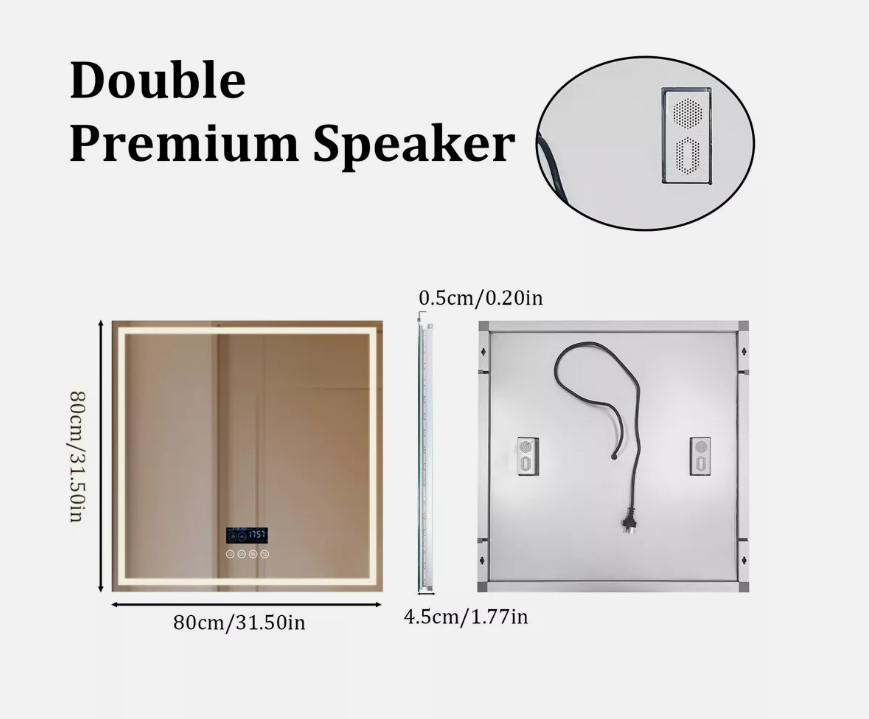 80 x 80cm Square Frameless LED Bathroom Mirror – Bluetooth