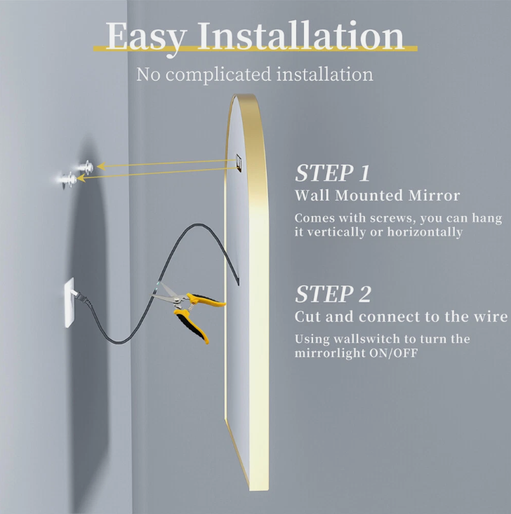 90 x 60cm Arched Gold Frameless LED Bathroom Mirror