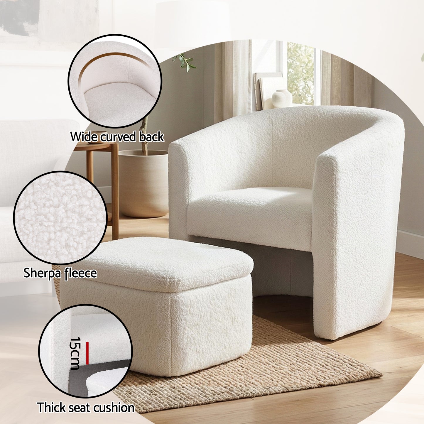 Sorrento white boucle armchair with ottoman as footrest in a warm neutral room setting