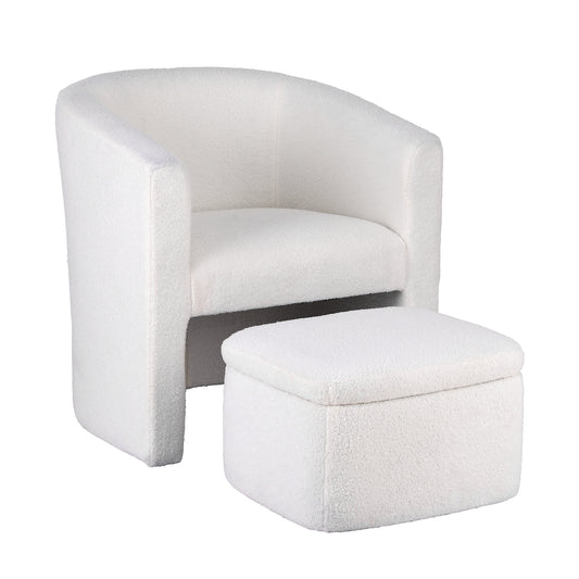 Sorrento white boucle armchair with hidden storage ottoman, front view showing wide curved silhouette and clean white upholstery