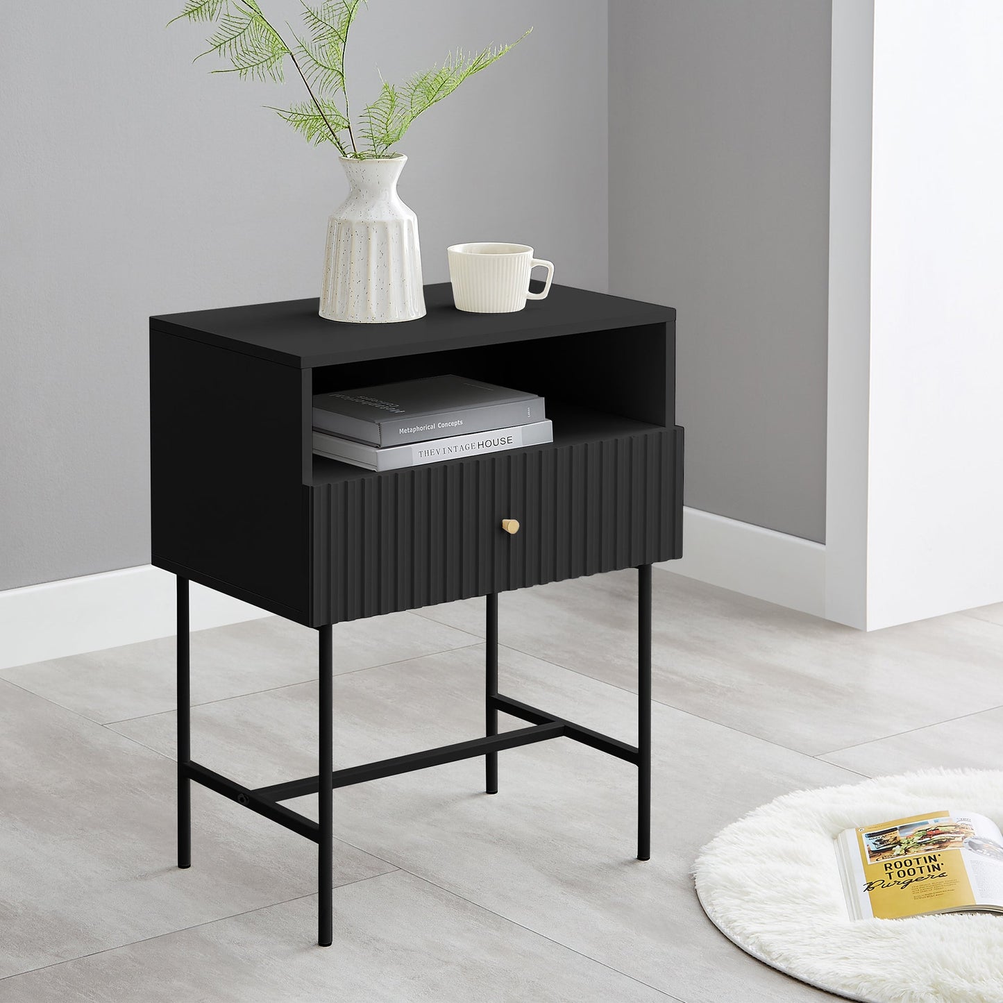 Fluted Bedside Table - Black