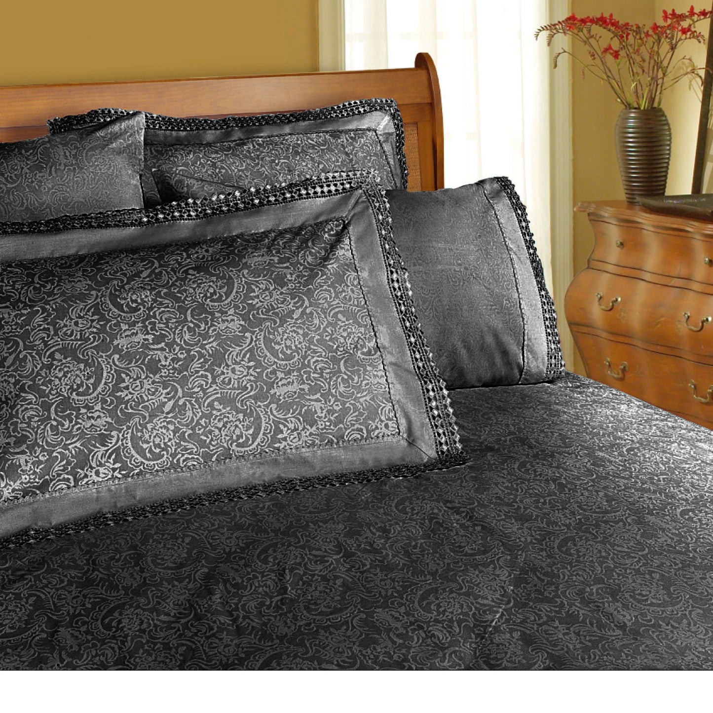 Shangri La Microfibre Machine Lace Sheet Set Charcoal Queen – premium furniture by Interior Ave