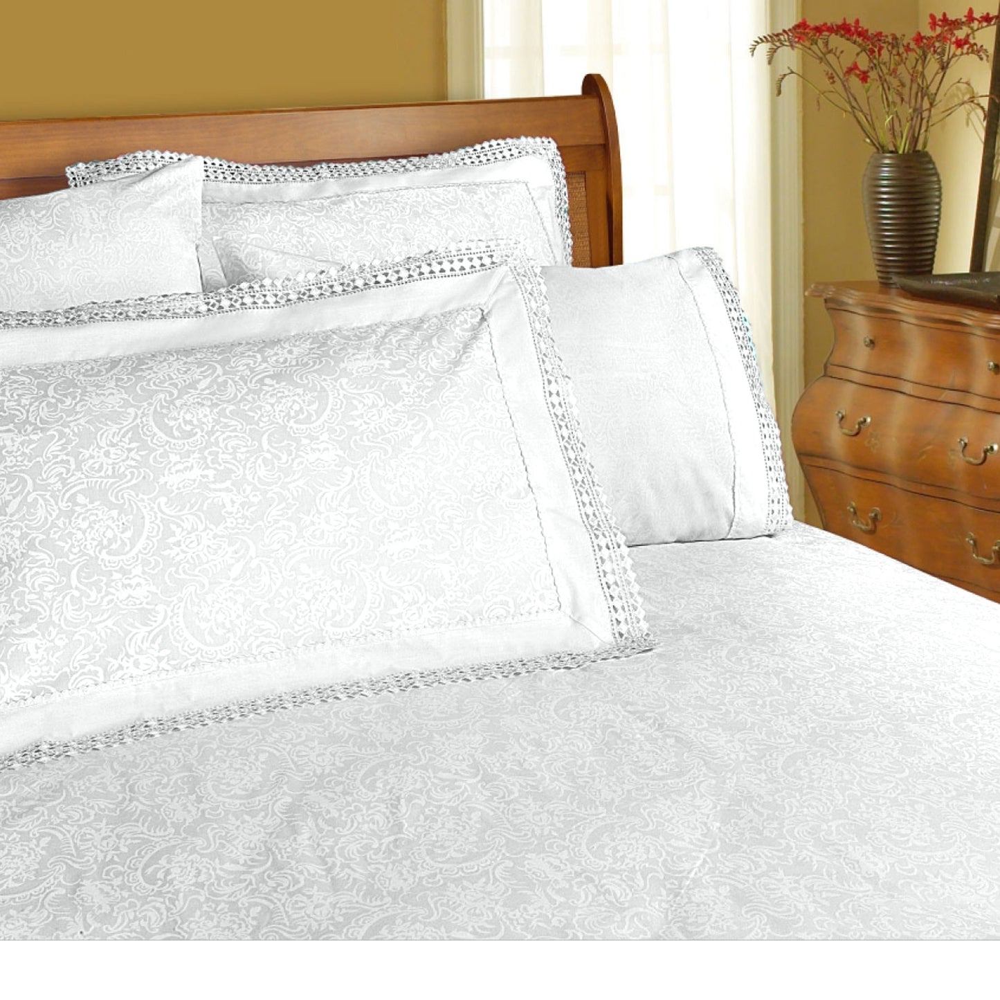 Shangri La Microfibre Machine Lace Sheet Set White King – premium furniture by Interior Ave