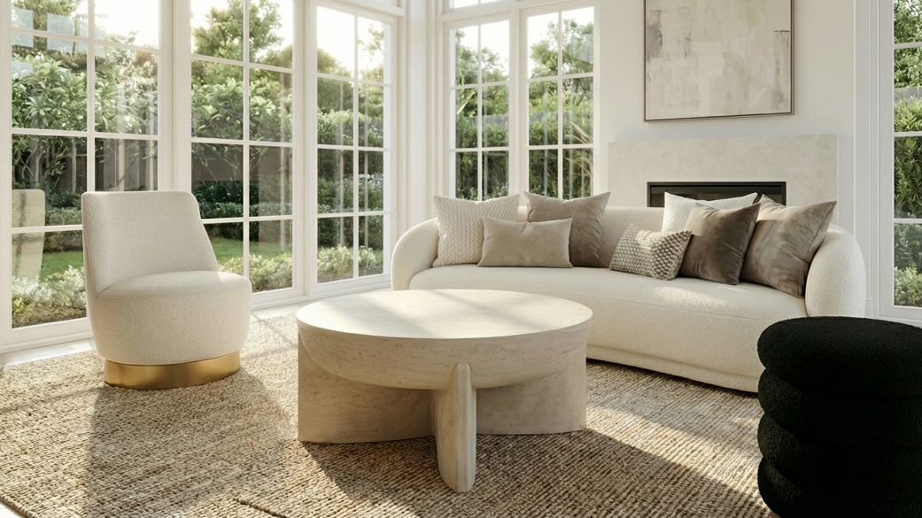 Zelda sand stone coffee table with textured surface and sculptural base