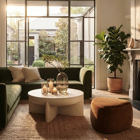 Zelda sand stone coffee table styled in a living room with a dark green accent chair, warm tones and indoor plants