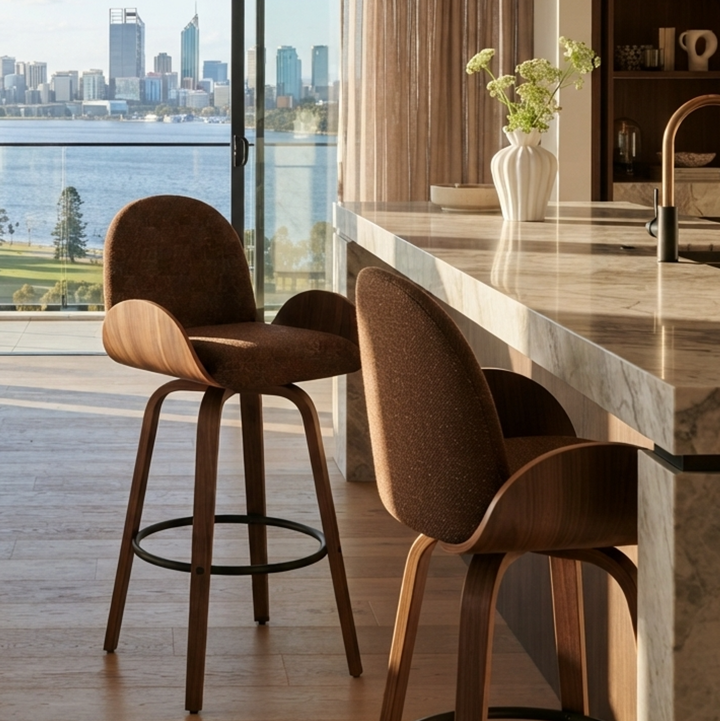 Cove Swivel Walnut & Chocolate Bar Stool - Set of Two