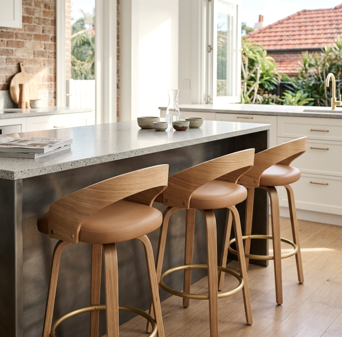 Hudson Oak Bar Stool - Tan + Oak Set of Two