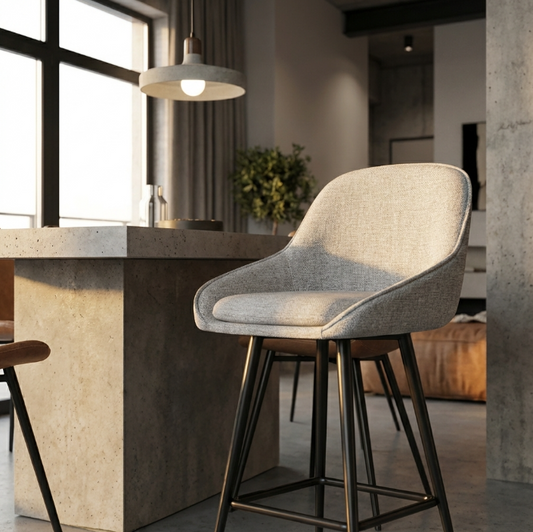 Metro Grey bar stool with curved backrest and black metal legs – Metro by Interior Ave