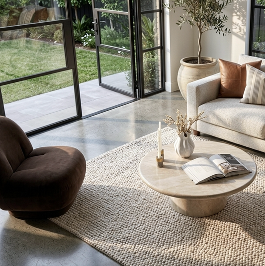 Nobu natural stone coffee table styled in a warm living room with dark brown curved sofa and ambient lighting