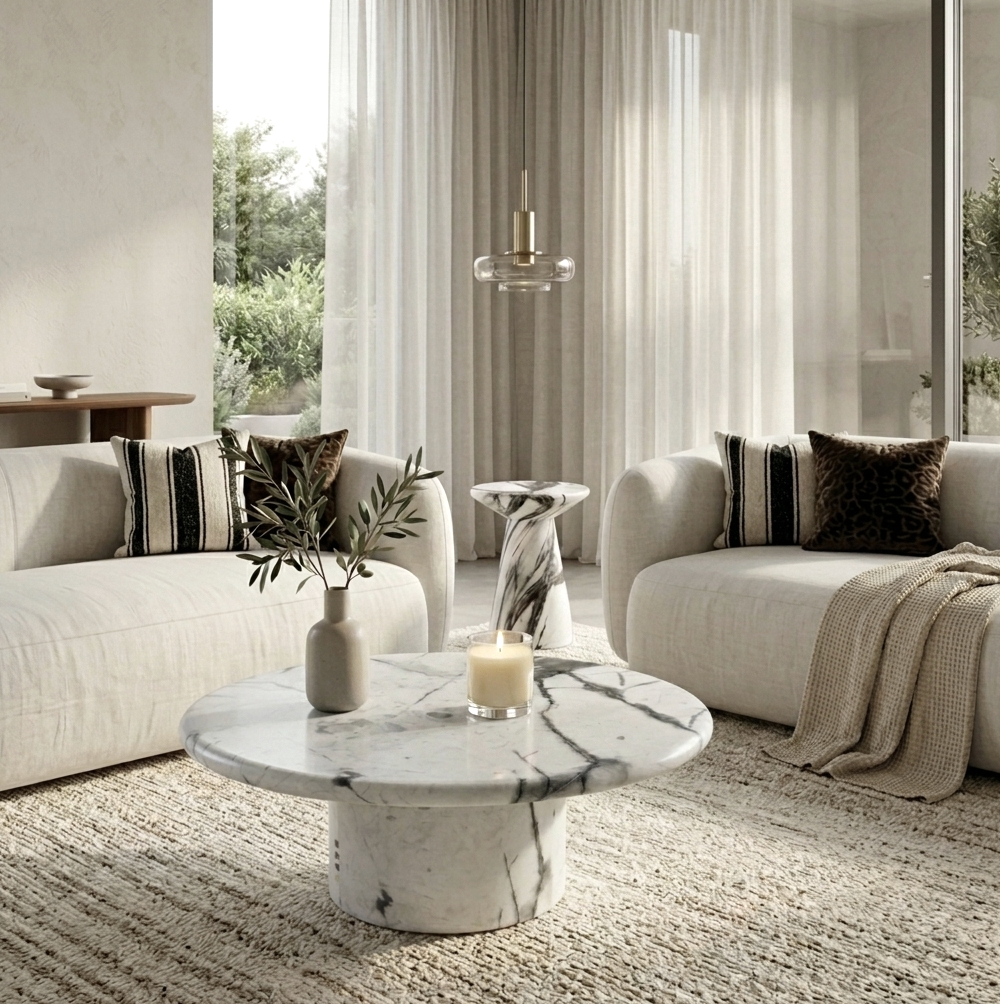 Nobu Round Sculptural Stone Coffee Table - Panda Marble Finish