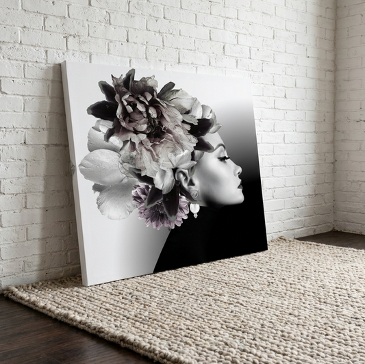 Queen G profile portrait crowned with blooms black and white fashion wall art