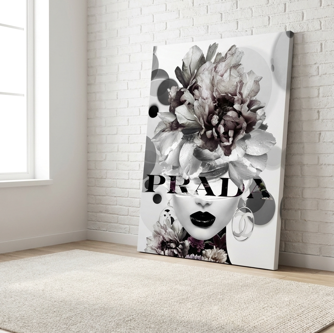 Rose floral and fashion portrait black and white wall art leaning on a brick wall