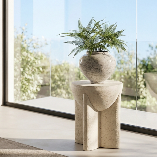 Zelda Sculptural Stone Side Table – Sand Textured Accent