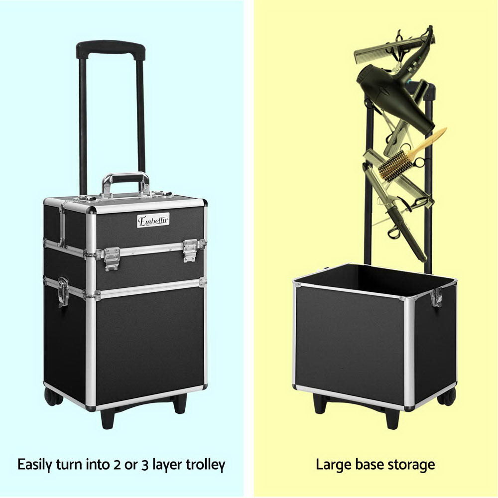 MAKEUP CASE BEAUTY TROLLEY COSMETIC ORGANISER BOX TRAVEL WHEELS - BLACK