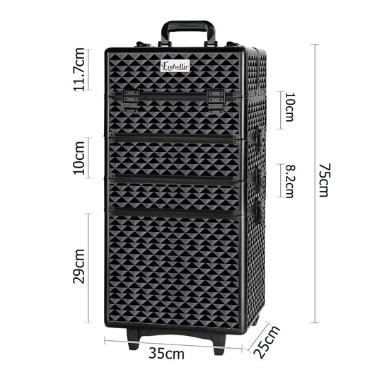 MAKEUP CASE BEAUTY TROLLEY COSMETIC ORGANISER BOX TRAVEL WHEELS - DIAMOND BLACK