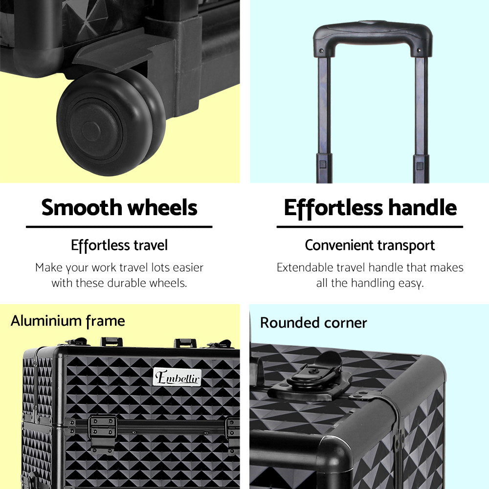 MAKEUP CASE BEAUTY TROLLEY COSMETIC ORGANISER BOX TRAVEL WHEELS - DIAMOND BLACK