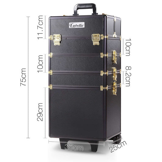 MAKEUP CASE BEAUTY TROLLEY COSMETIC ORGANISER BOX TRAVEL WHEELS - BLACK & GOLD