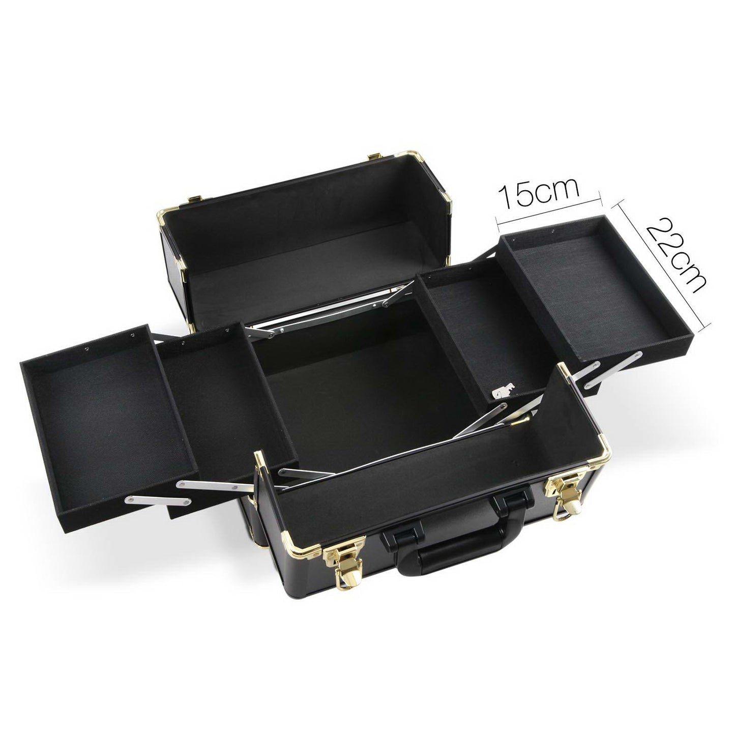 MAKEUP CASE BEAUTY TROLLEY COSMETIC ORGANISER BOX TRAVEL WHEELS - BLACK & GOLD
