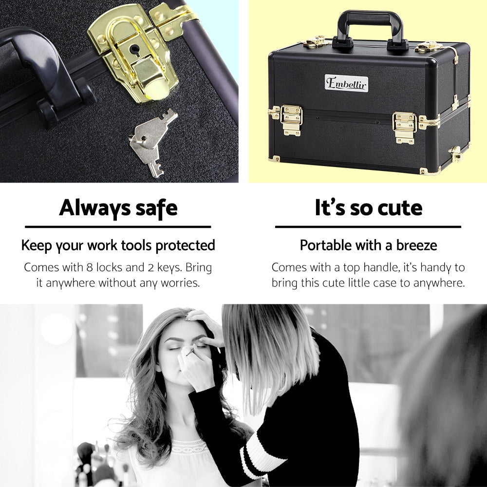 MAKEUP CASE BEAUTY TROLLEY COSMETIC ORGANISER BOX TRAVEL WHEELS - BLACK & GOLD
