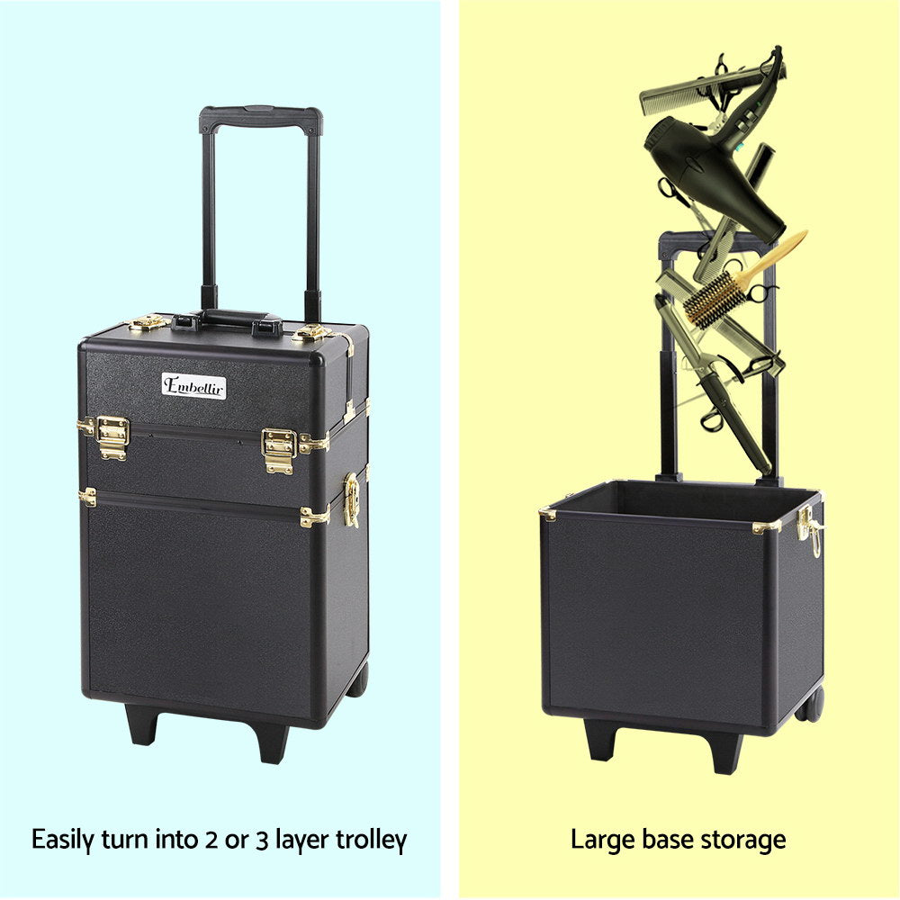 MAKEUP CASE BEAUTY TROLLEY COSMETIC ORGANISER BOX TRAVEL WHEELS - BLACK & GOLD