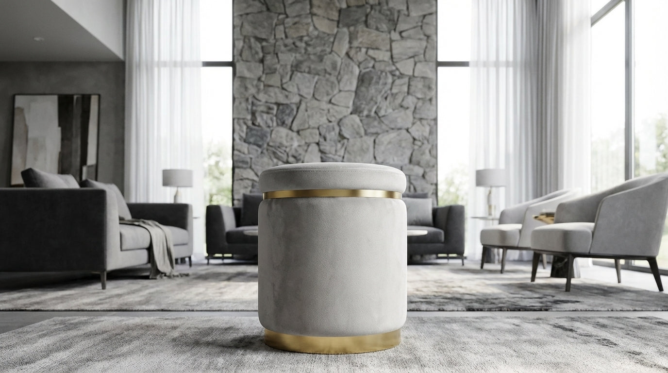 Gia Velvet Ottoman – Light Grey Round Tufted Footstool – modern ottoman or footstool by Interior Ave