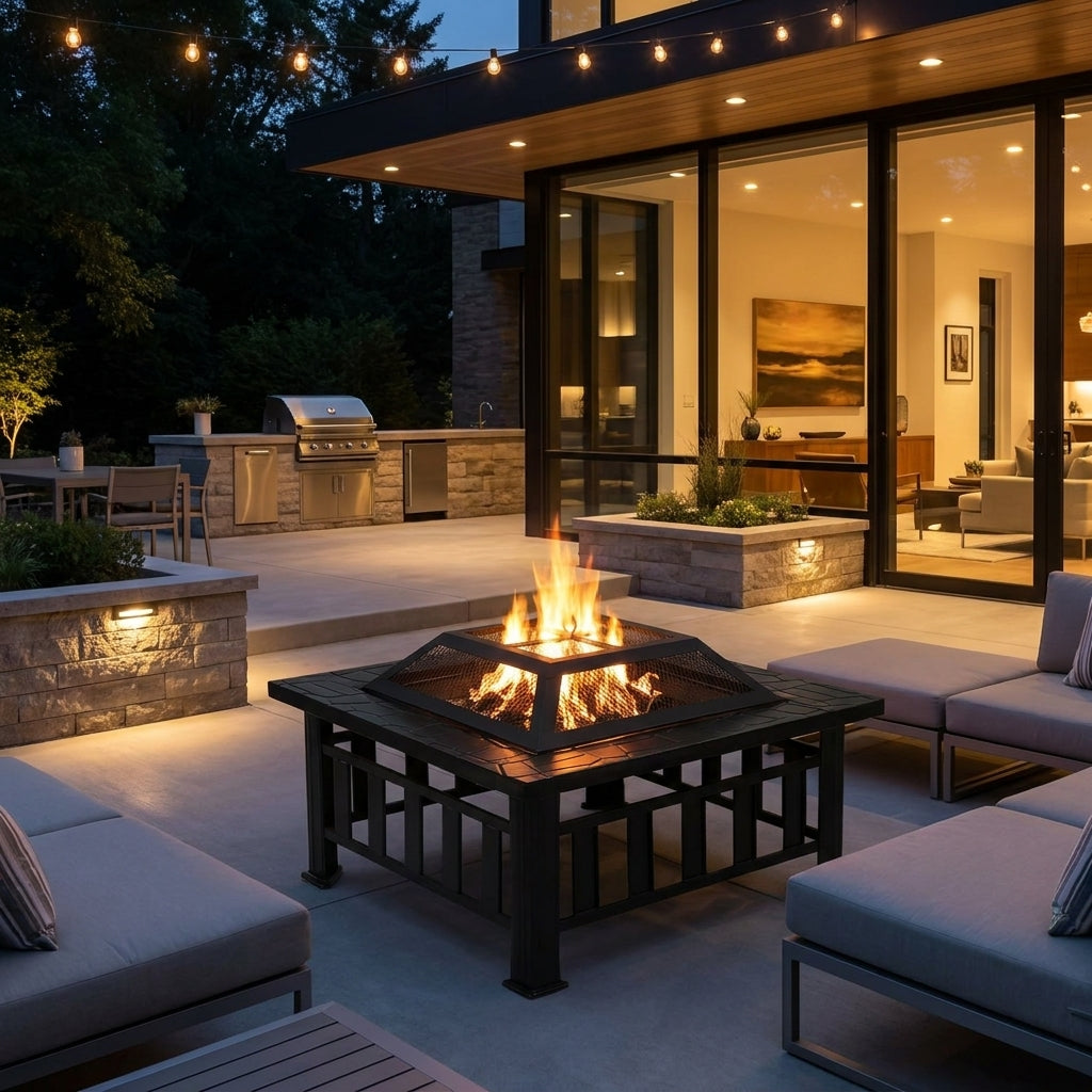 Fire pit BBQ 2-in-1 table with stone-pattern top in an outdoor patio setting at night