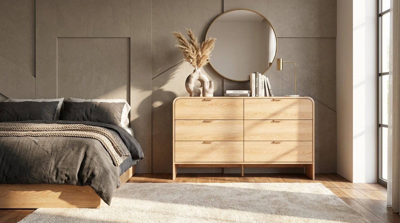 Ashbury dresser in natural pine with six drawers, rounded edges and gold toned handles