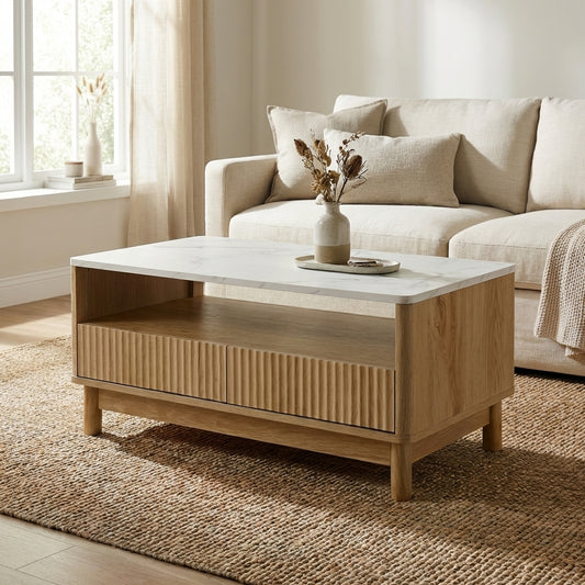 Blanc coffee table in wood and white with marble-look top, fluted drawers, open shelf and pine legs