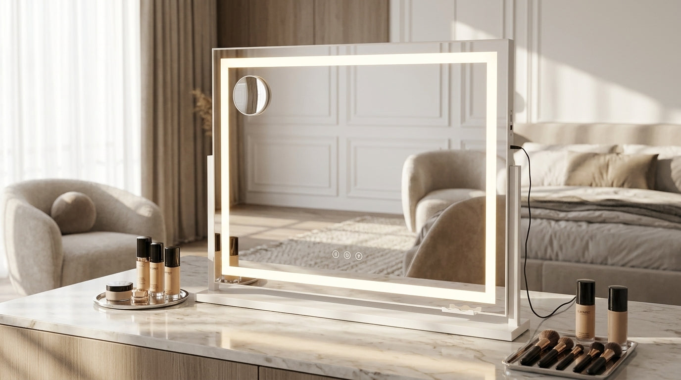 Makeup Pro XL LED vanity mirror 100cm straight-on product shot showing full white frame and LED strip lighting