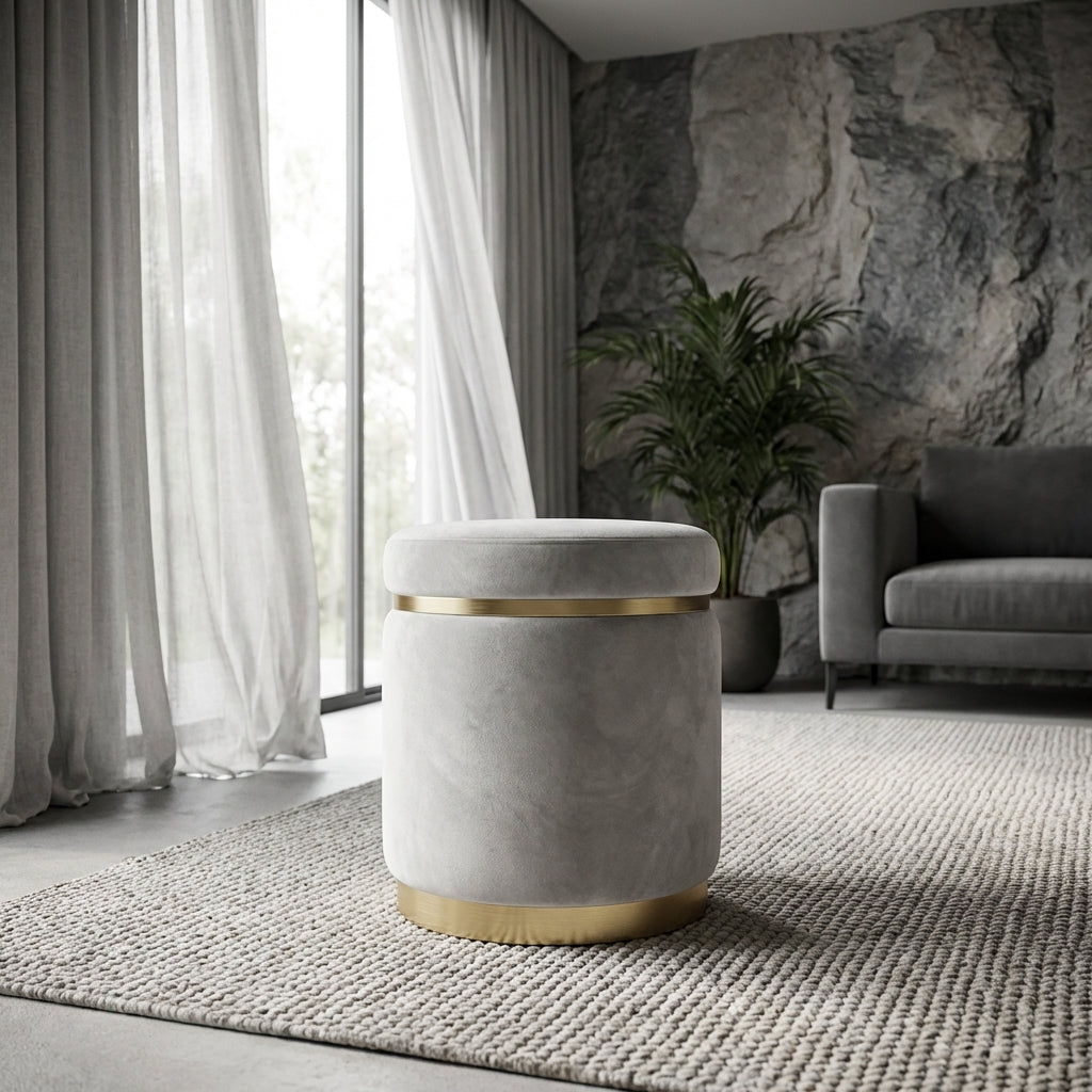 Gia Velvet Ottoman – Light Grey Round Tufted Footstool – modern ottoman or footstool by Interior Ave
