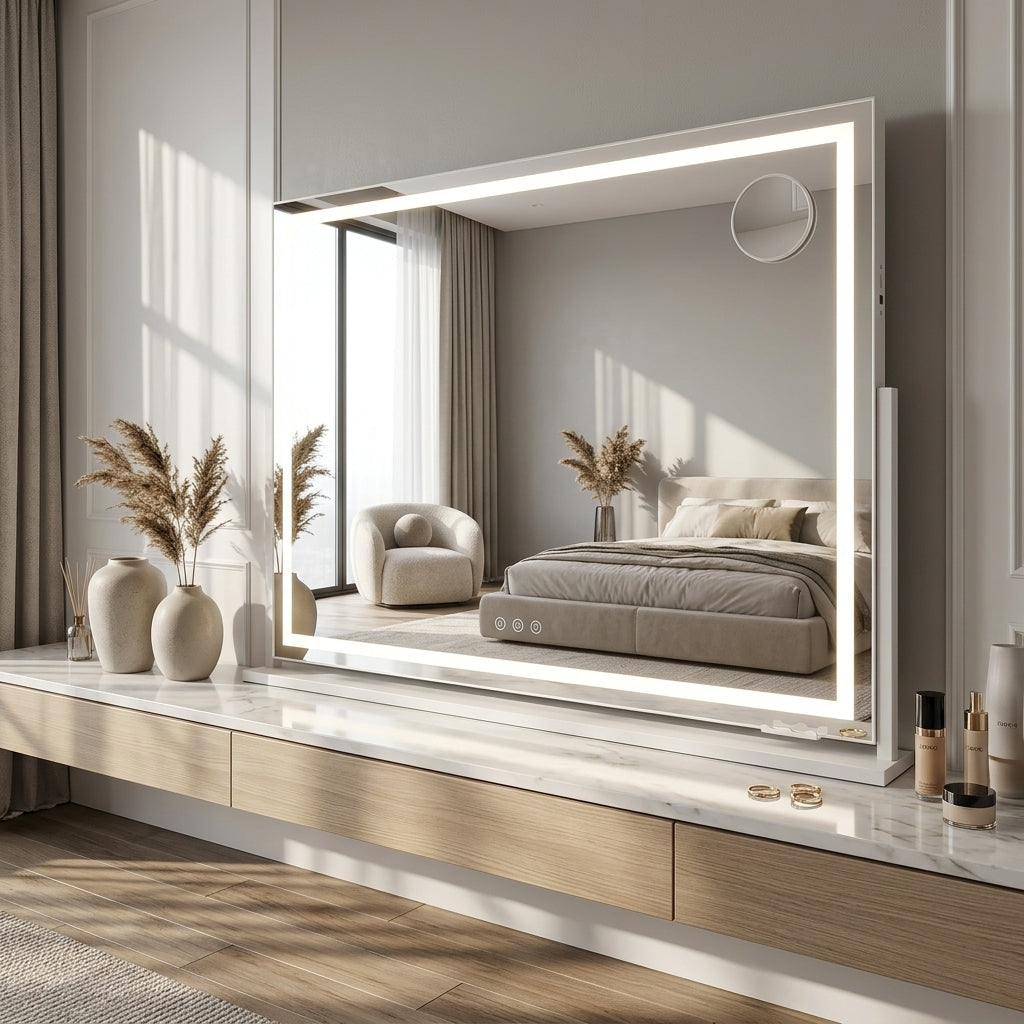 Makeup Pro XL LED vanity mirror 100cm styled on a marble and timber dressing table with pampas grass vases, bedroom reflected in mirror