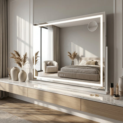 Makeup Pro XL LED vanity mirror 100cm styled on a marble and timber dressing table with pampas grass vases, bedroom reflected in mirror