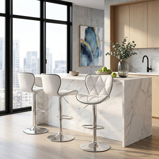 Cooper white swivel bar stool set of two at a white marble kitchen island with floor-to-ceiling windows and city views