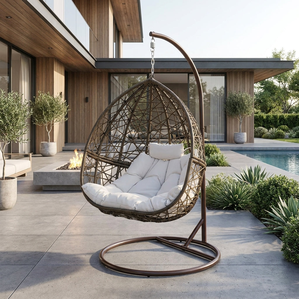 Wicker egg chair with white cushion on a patio with modern house and pool in the background