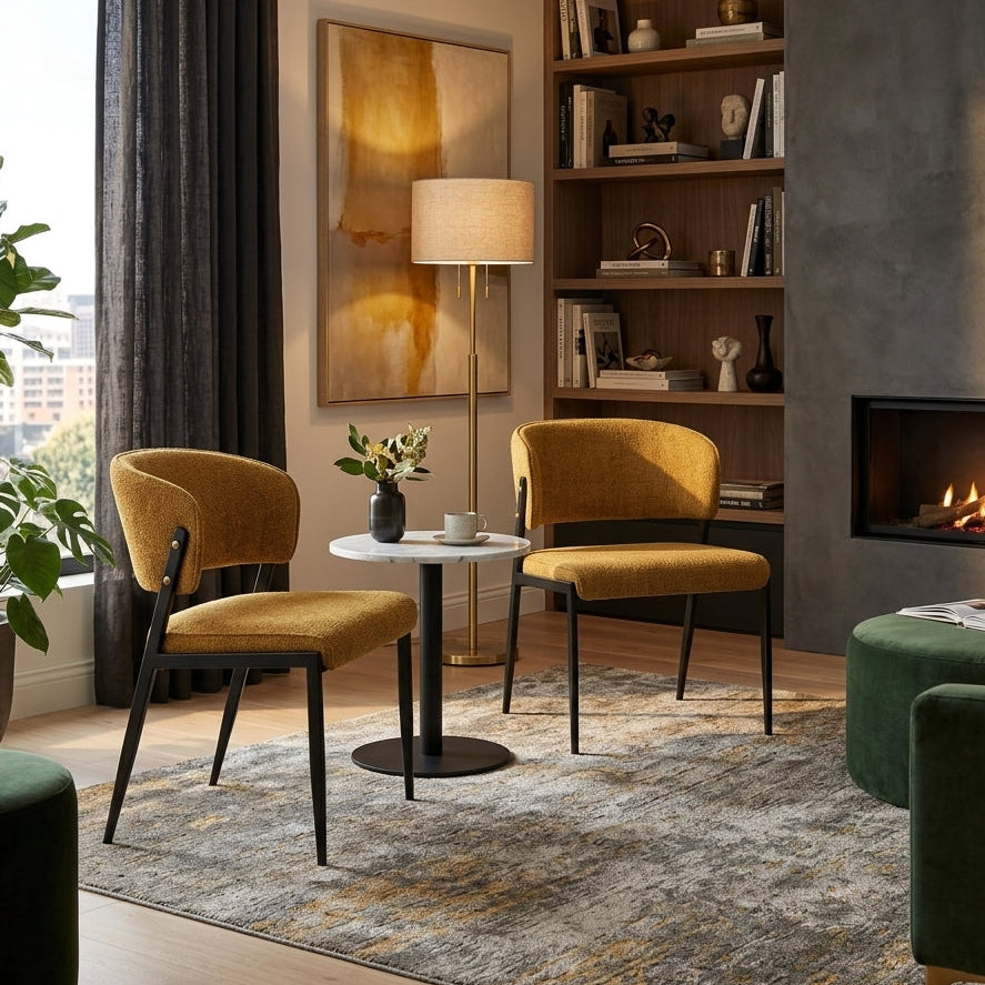 Harper saffron dining chair set of two in a warm living room with bookshelf, fireplace, floor lamp and round marble side table