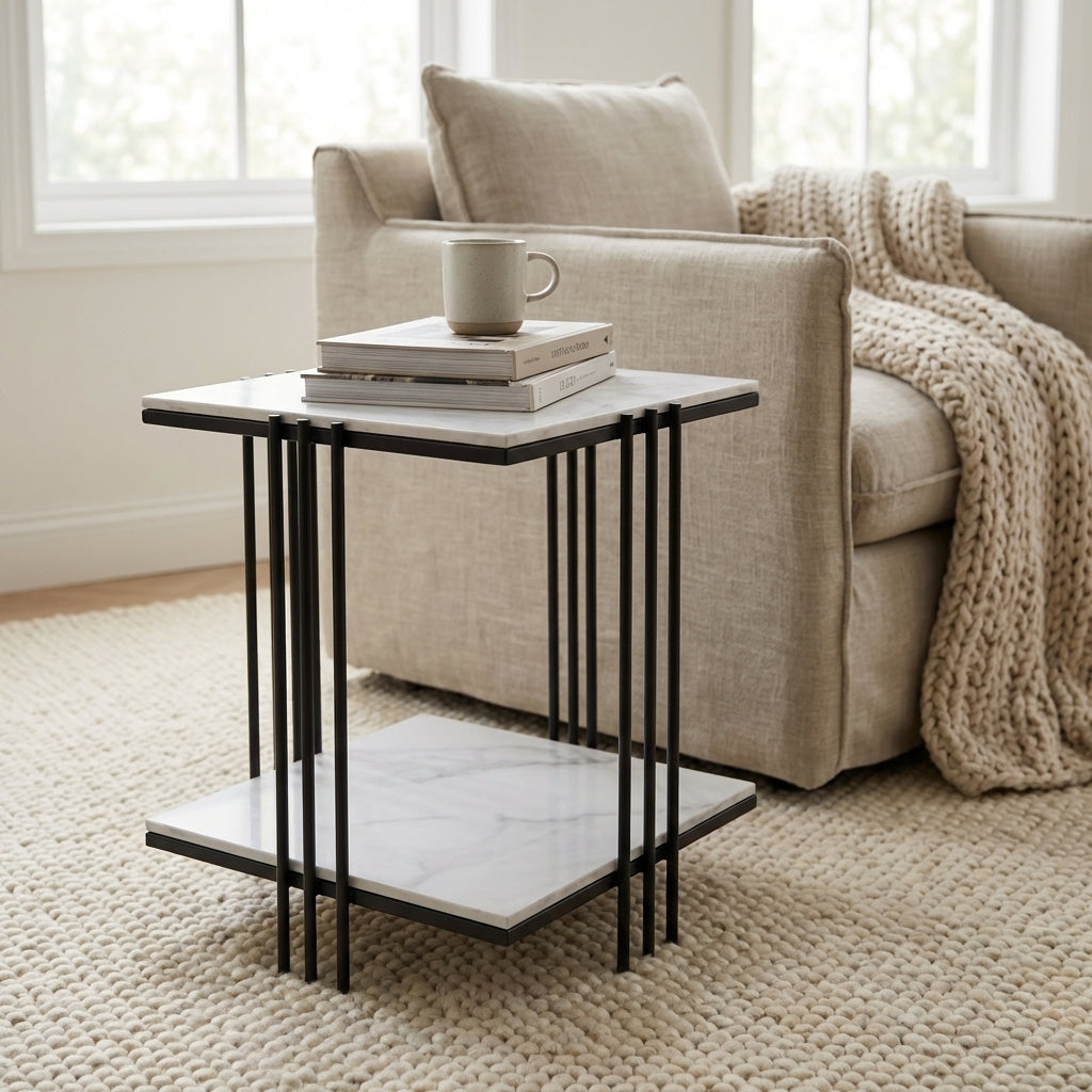Square Marble Stone Side Table with Black Frame 