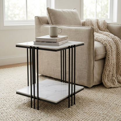 Square Marble Stone Side Table with Black Frame 