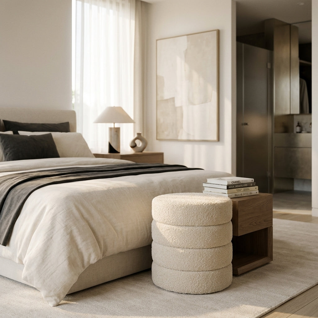 Cleo nude boucle ottoman styled at the end of a bed in a warm neutral bedroom with lamp and abstract wall art