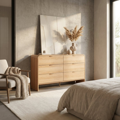 Ashbury dresser in natural pine with six drawers, rounded edges and gold toned handles