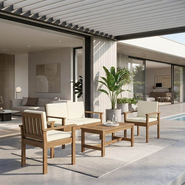 Modern outdoor patio with wooden furniture, pool, and house in the background