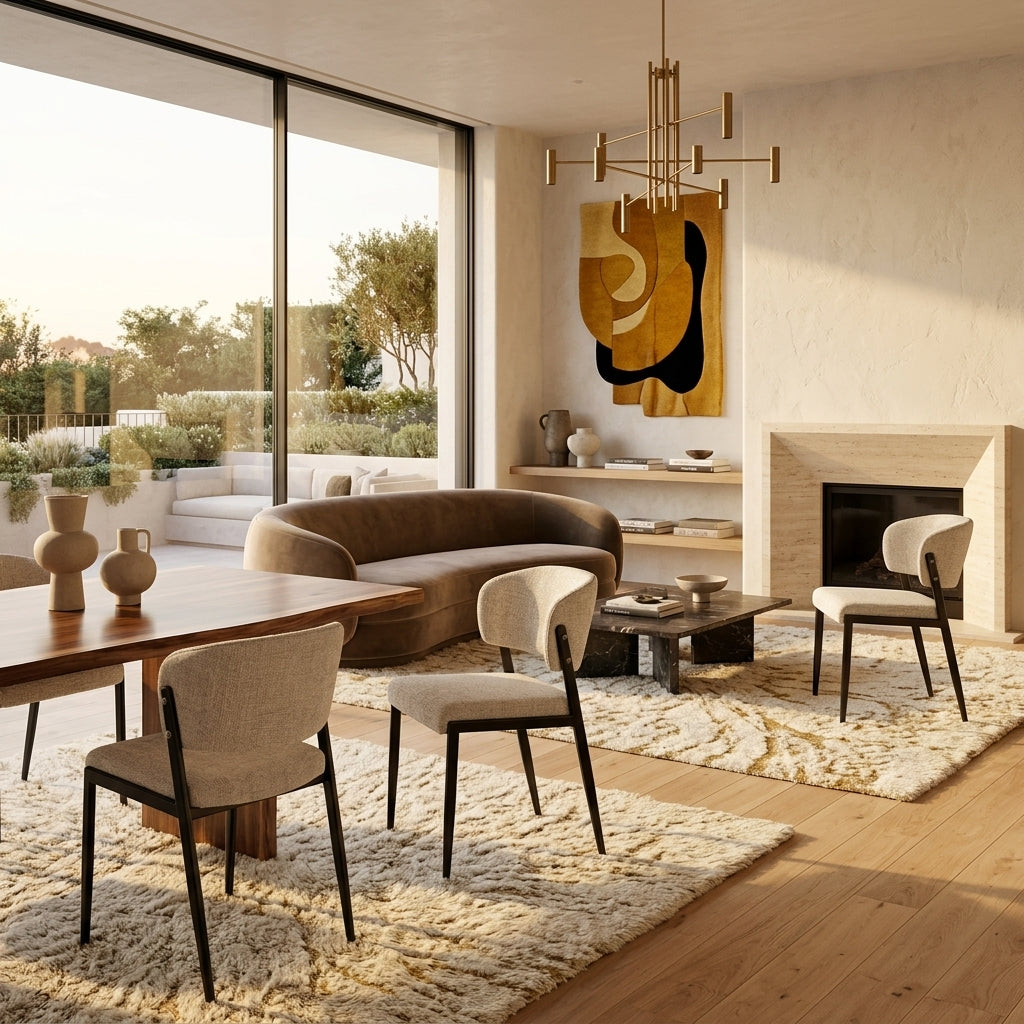 Harper beige linen dining chair set of two in a bright open-plan dining room with pendant lighting