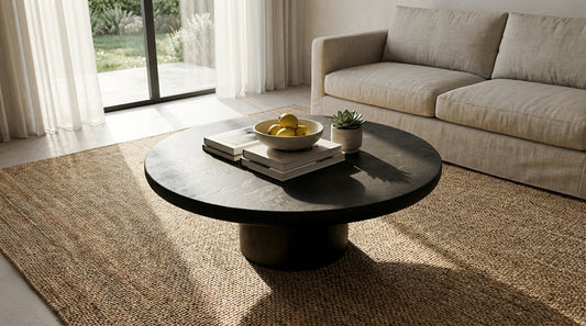 Nobu Round Sculptural Stone Coffee Table in Black | Modern Coffee Table by Interior Ave
