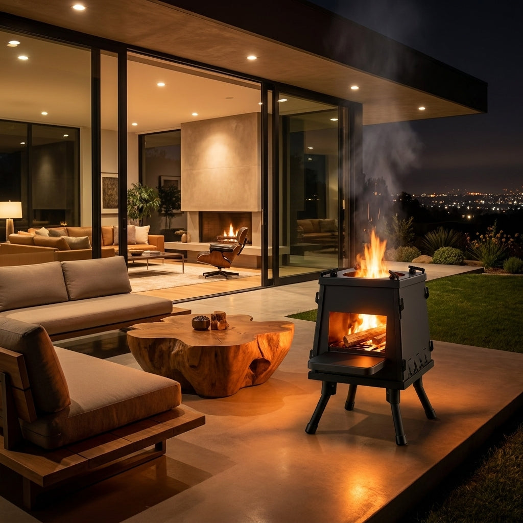 Portable cast iron fire pit BBQ stove with foldable legs in an outdoor patio setting