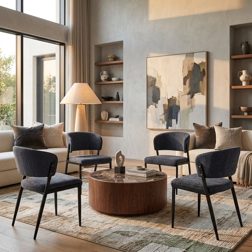 Harper charcoal dining chair set of two in a bright open-plan dining space with large windows and warm timber tones