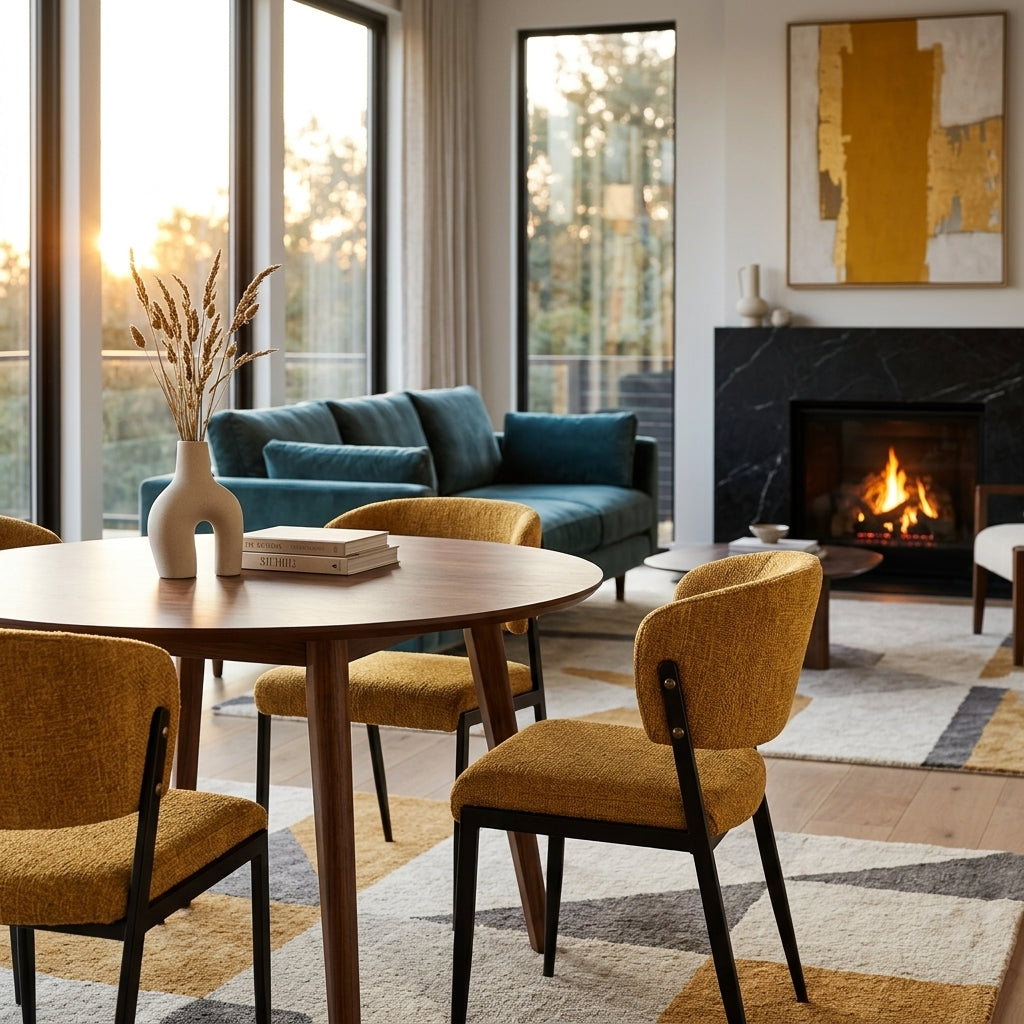 Harper saffron dining chair set of two at a dark round dining table with gold abstract artwork on the wall