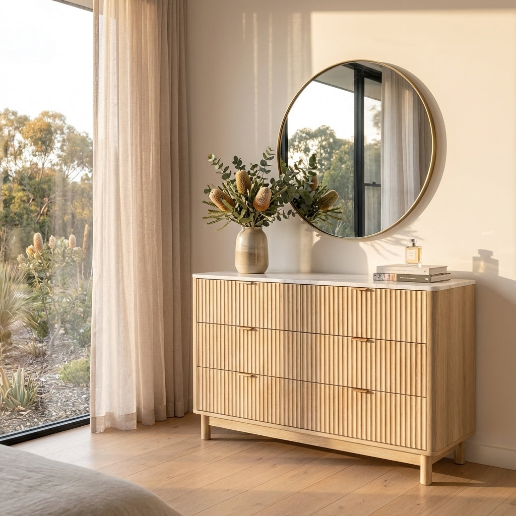 Blanc dresser in natural pine with six drawers, fluted drawer fronts and elevated timber legs