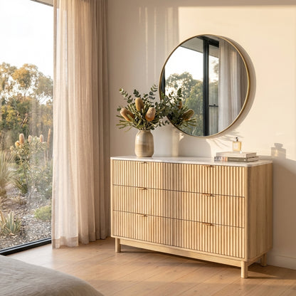 Blanc dresser in natural pine with six drawers, fluted drawer fronts and elevated timber legs