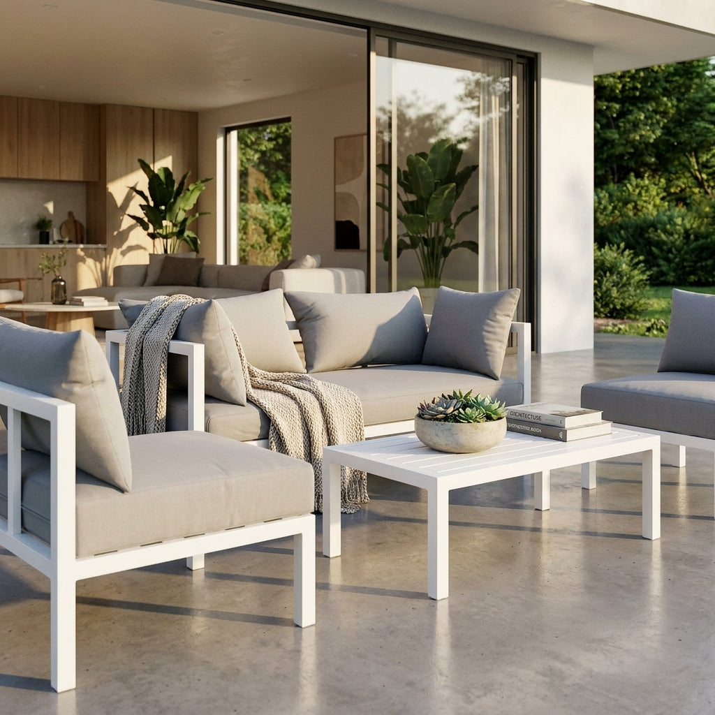 Modern outdoor furniture set with gray cushions and a white coffee table on a patio.
