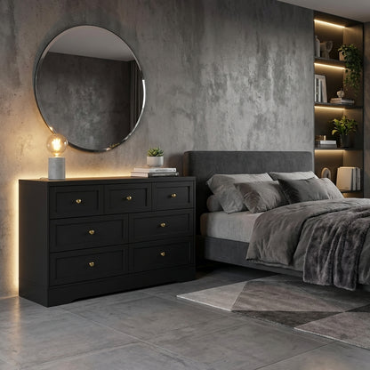 Noir black 7 drawer dresser with sleek metal handles and modern design