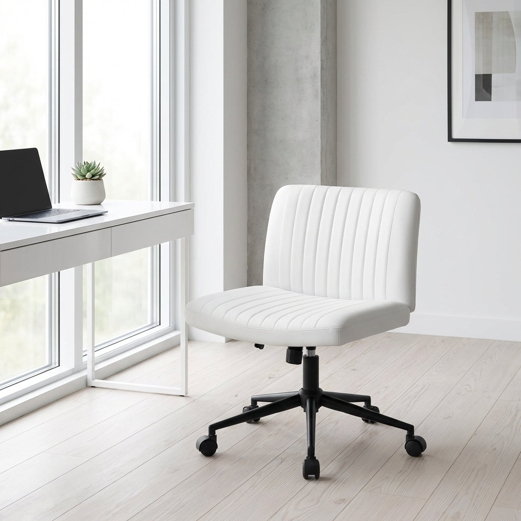 White office chair in a modern office setting with a desk and window.